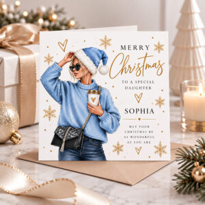 Personalised Christmas card for her with stylish winter lady illustration and custom name
