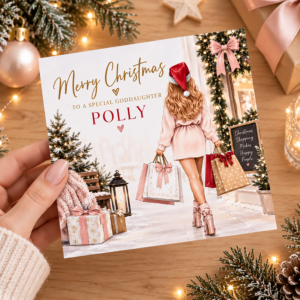 Personalised Christmas card for granddaughter with festive shopping illustration