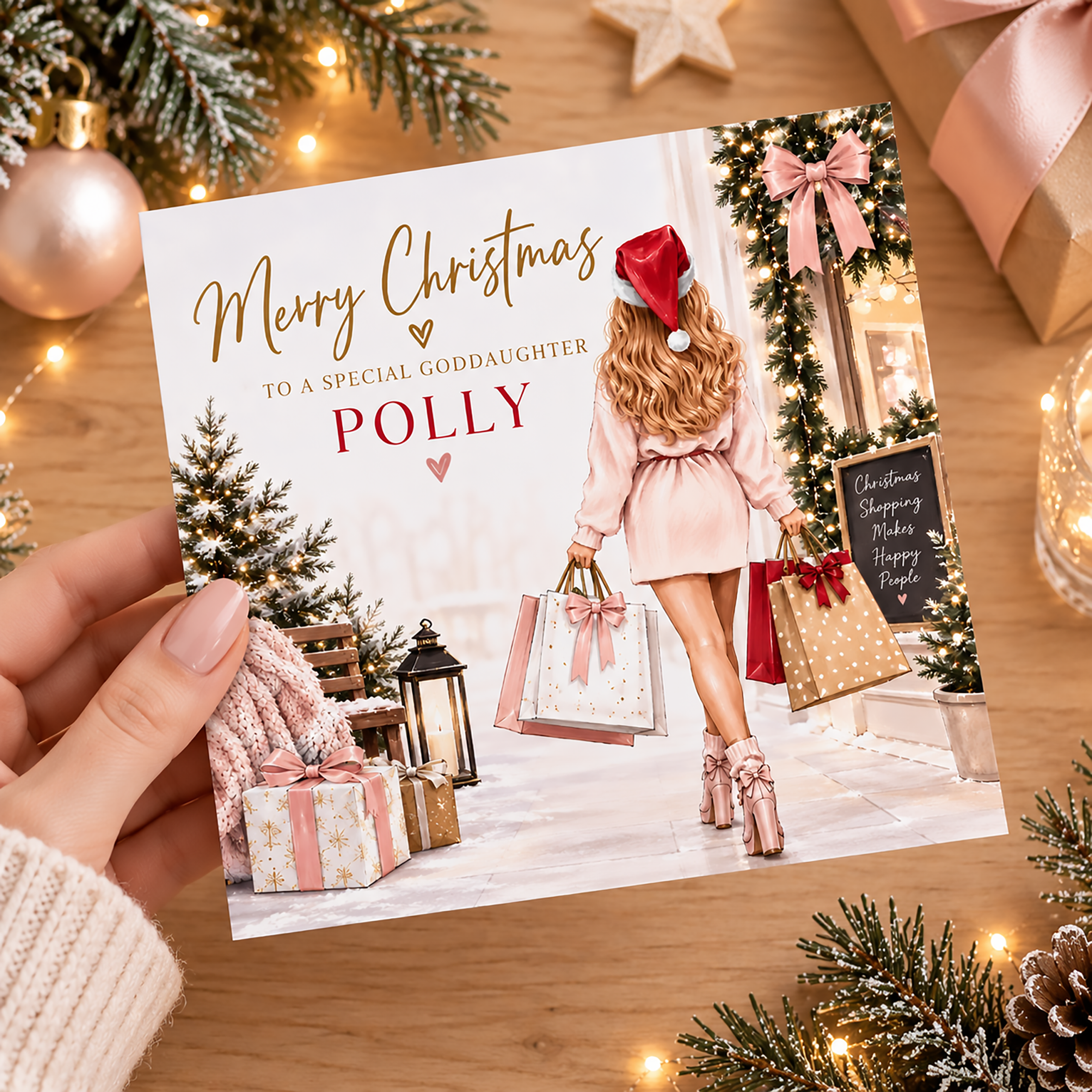 Personalised Christmas card for granddaughter with festive shopping illustration