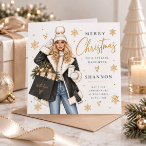Personalised Christmas card for her with stylish winter lady design and custom name
