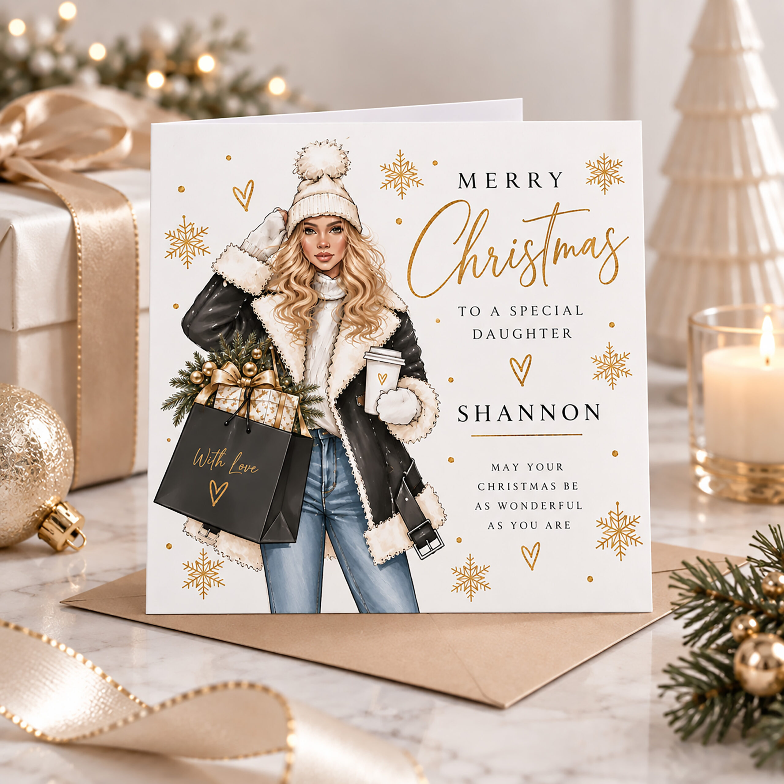 Personalised Christmas card for her with stylish winter lady design and custom name