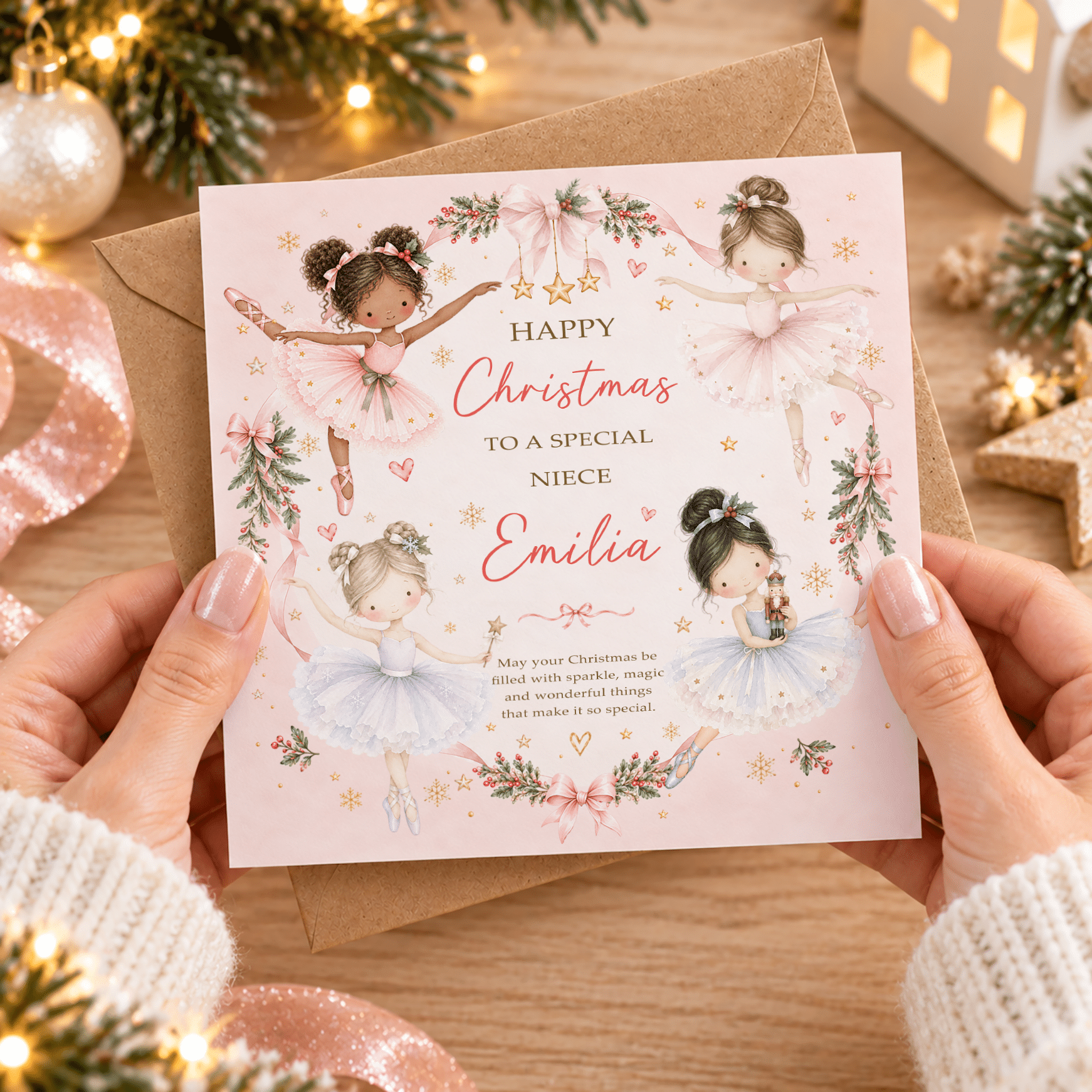 Personalised ballerina Christmas greeting card displayed upright on a wooden surface with warm Christmas tree lights and pink decorations.