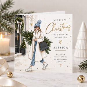 Personalised Christmas card featuring a stylish winter girl carrying a Christmas tree