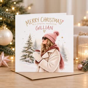 Personalised daughter Christmas card with name and stylish winter lady design