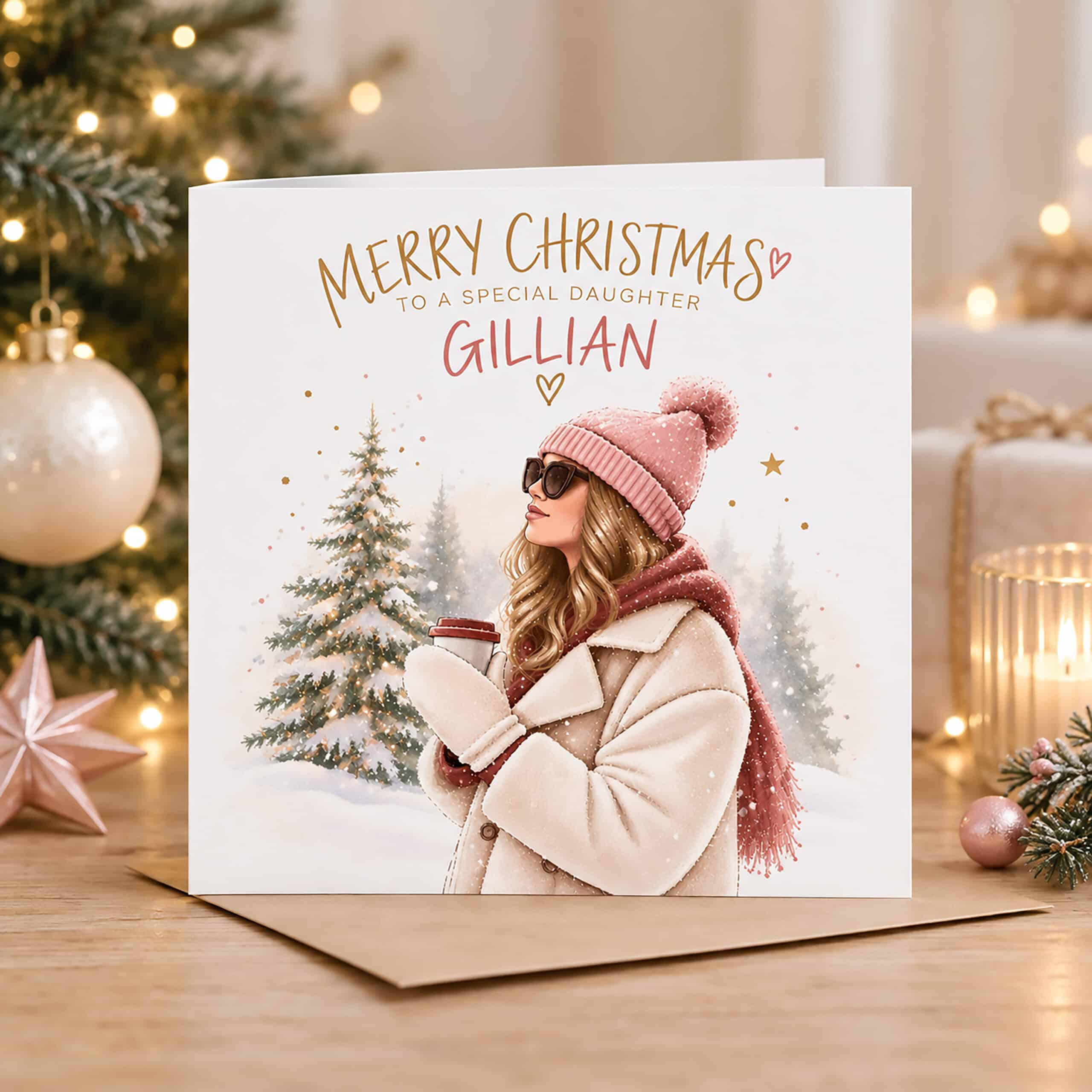 Personalised daughter Christmas card with name and stylish winter lady design