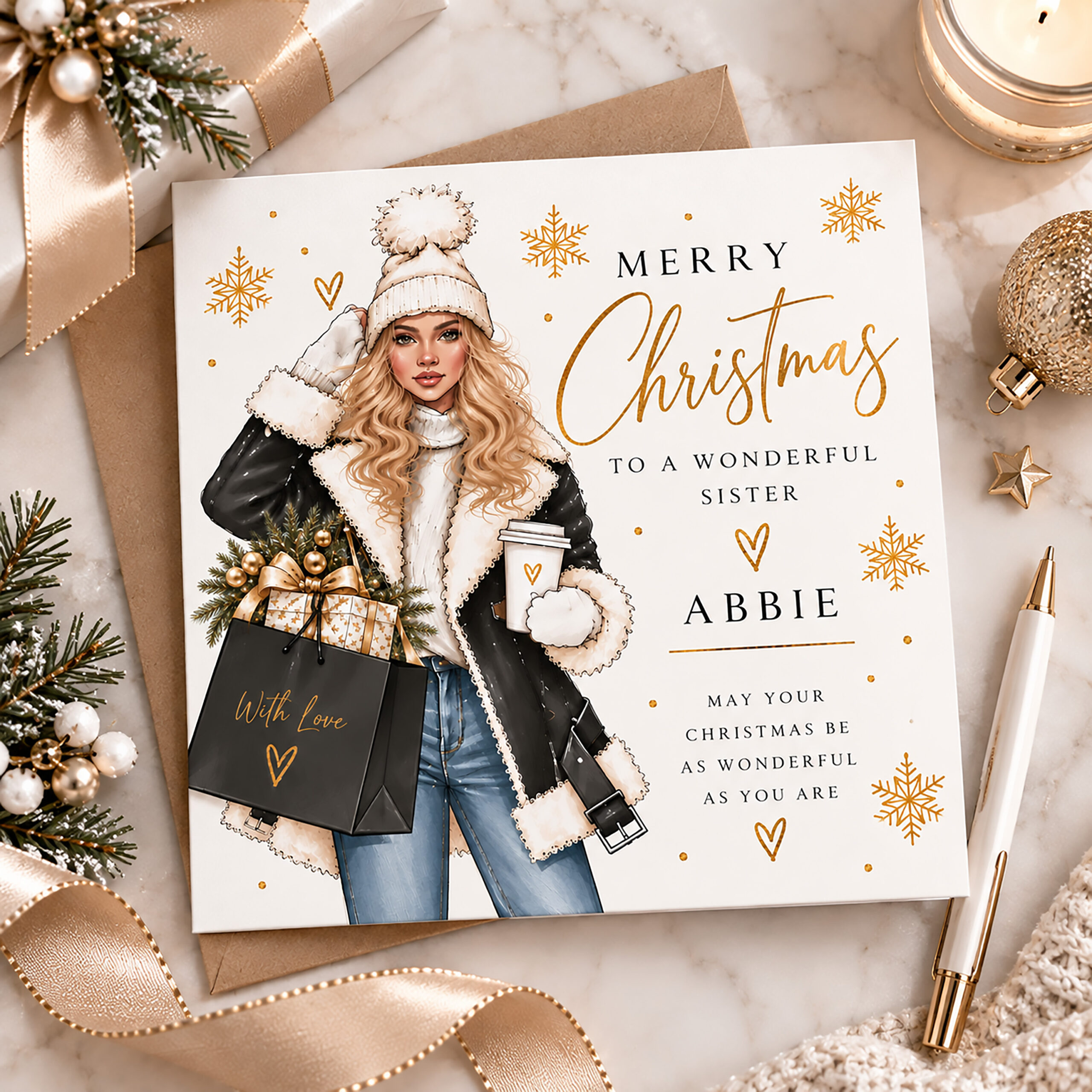 Personalised female Christmas card with fashionable winter lady illustration