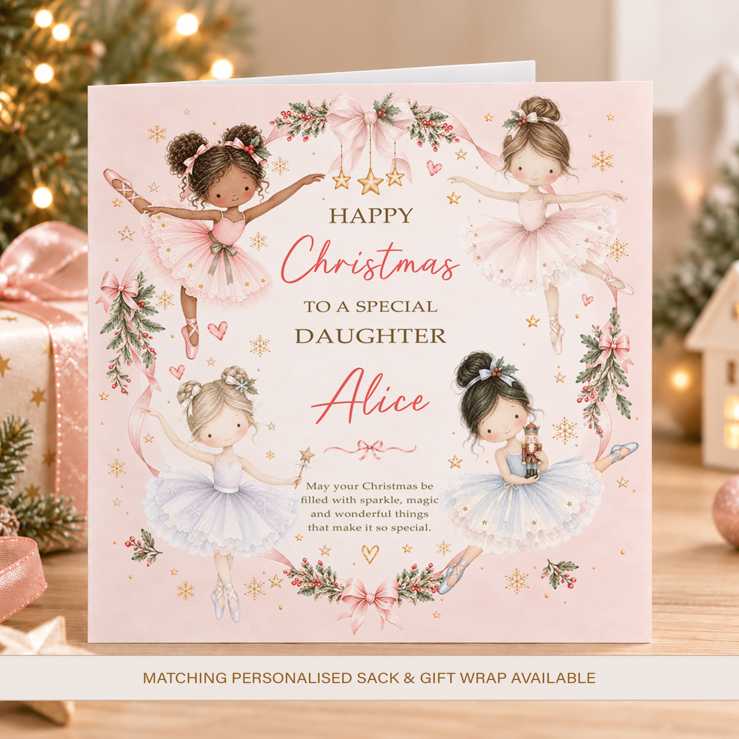 Personalised girls Christmas card featuring four watercolour ballerinas in pastel tutus with festive pink bows and gold star