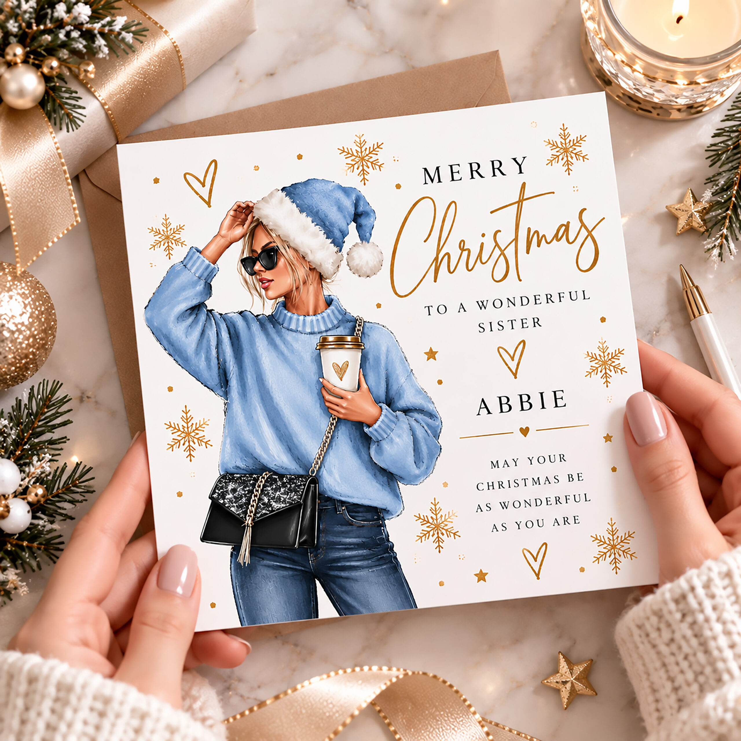 Personalised womens Christmas card with winter lady illustration and custom wording