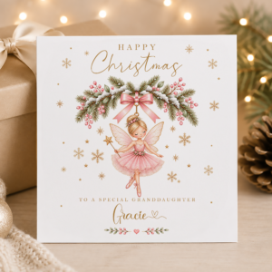 Pink fairy Christmas card for granddaughter personalised with her name and relationship