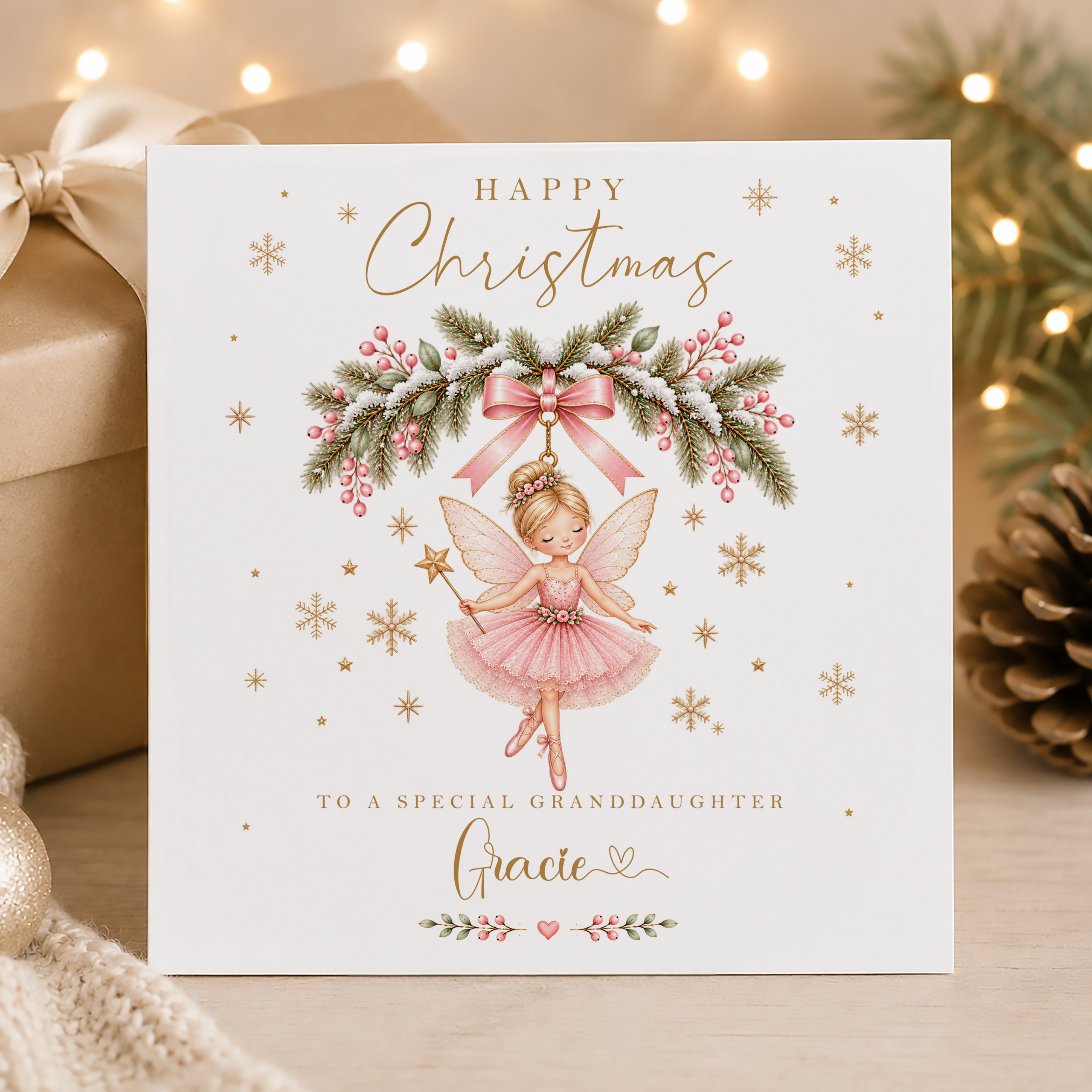 Pink fairy Christmas card for granddaughter personalised with her name and relationship