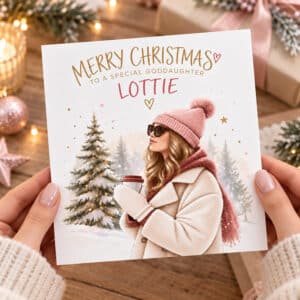 Special goddaughter Christmas card personalised with name in a luxury festive setting