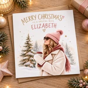 wife personalised Christmas card with custom name and festive winter illustration