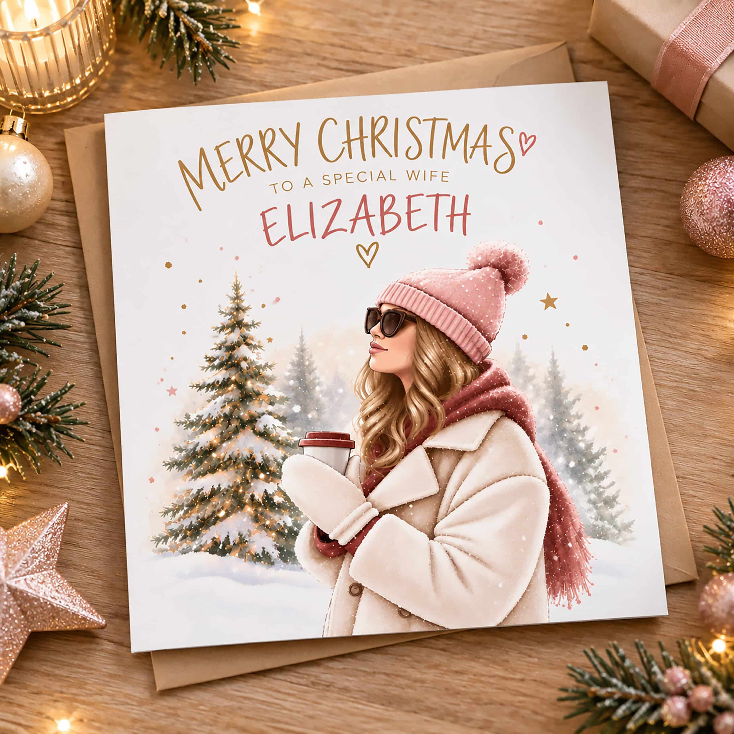 wife personalised Christmas card with custom name and festive winter illustration