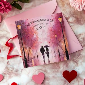 Valentine Couple with Umbrella Square Card