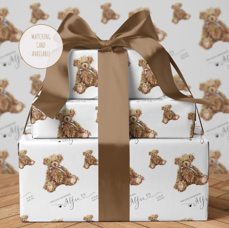 Personalised New Baby Gift Wrapping Paper ‘Vintage Bear’