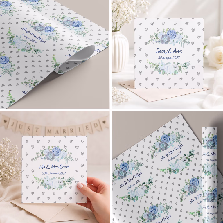 Personalised Wedding Gift Wrapping Paper ‘Blue Floral’
