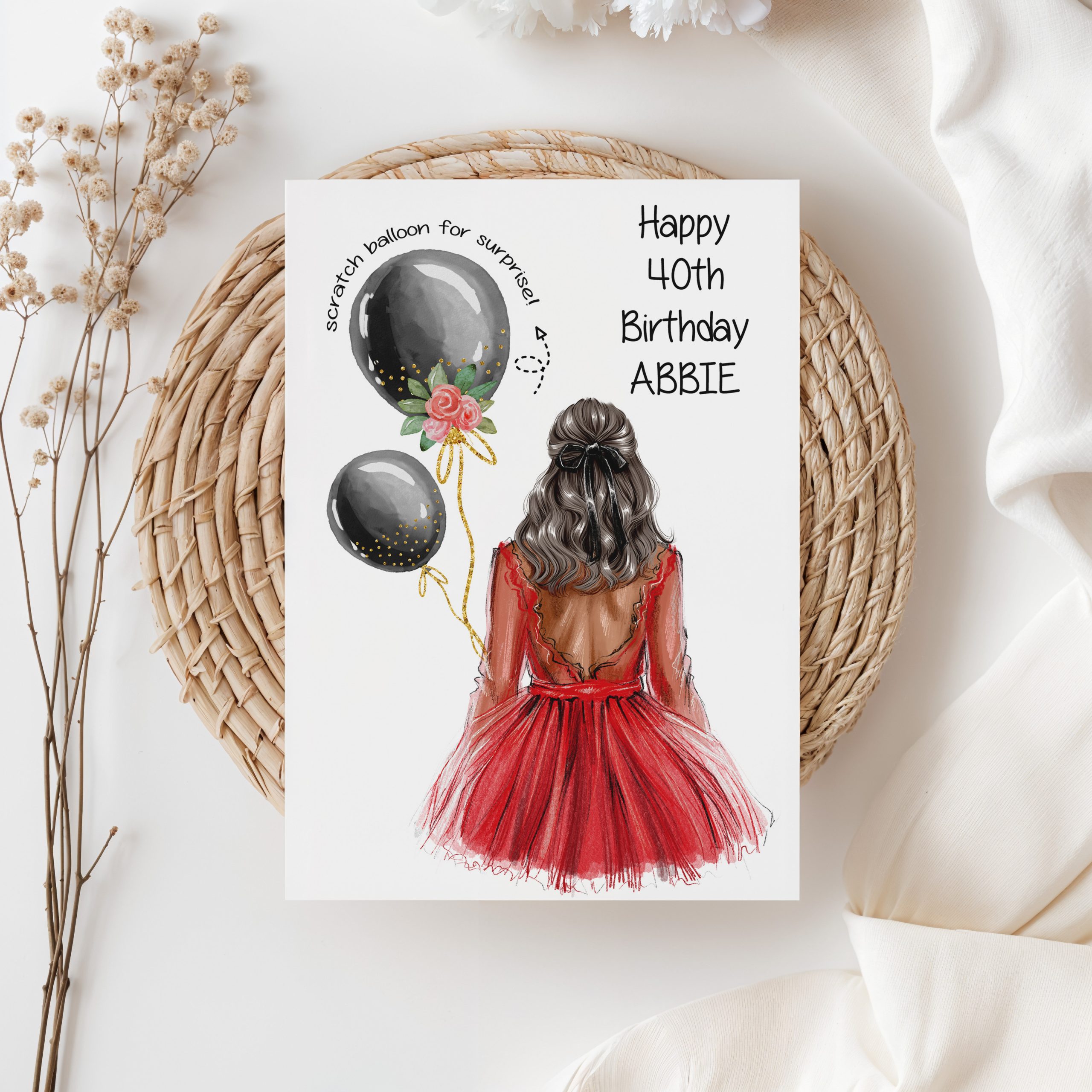 Birthday Scratch Card Lady in RED dress