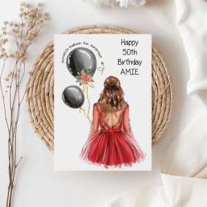 Birthday Scratch Card Lady in RED dress