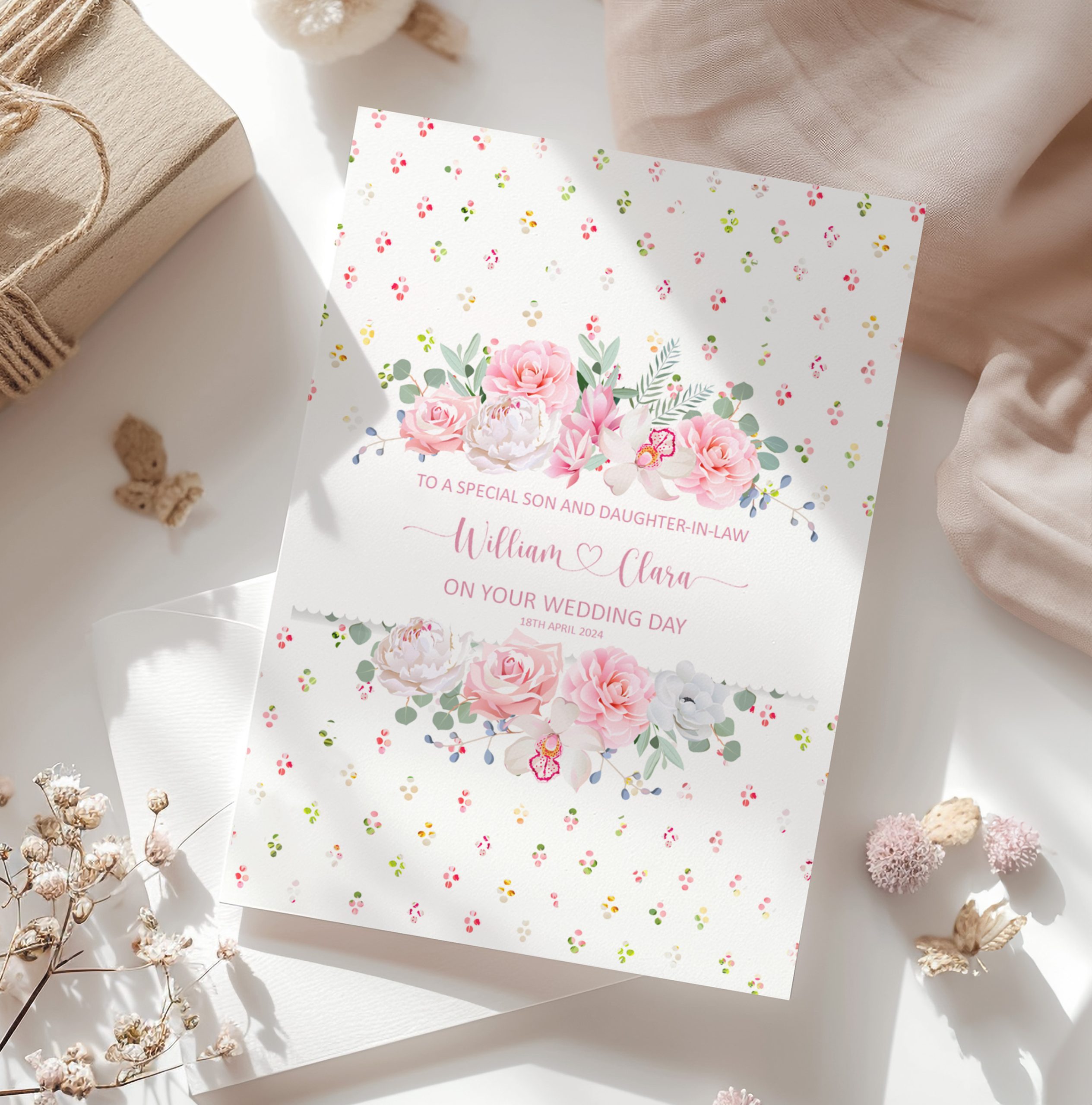 Personalised Pink Floral Wedding Card