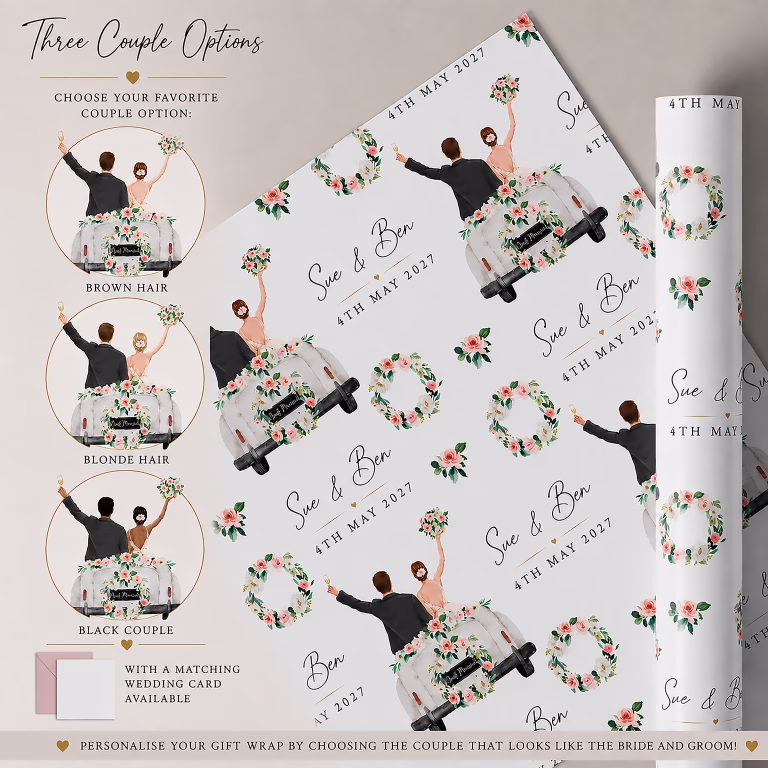Personalised Wedding Gift Wrapping Paper ‘Floral Wedding Car’