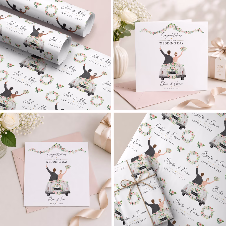 Personalised Wedding Gift Wrapping Paper ‘Floral Wedding Car’
