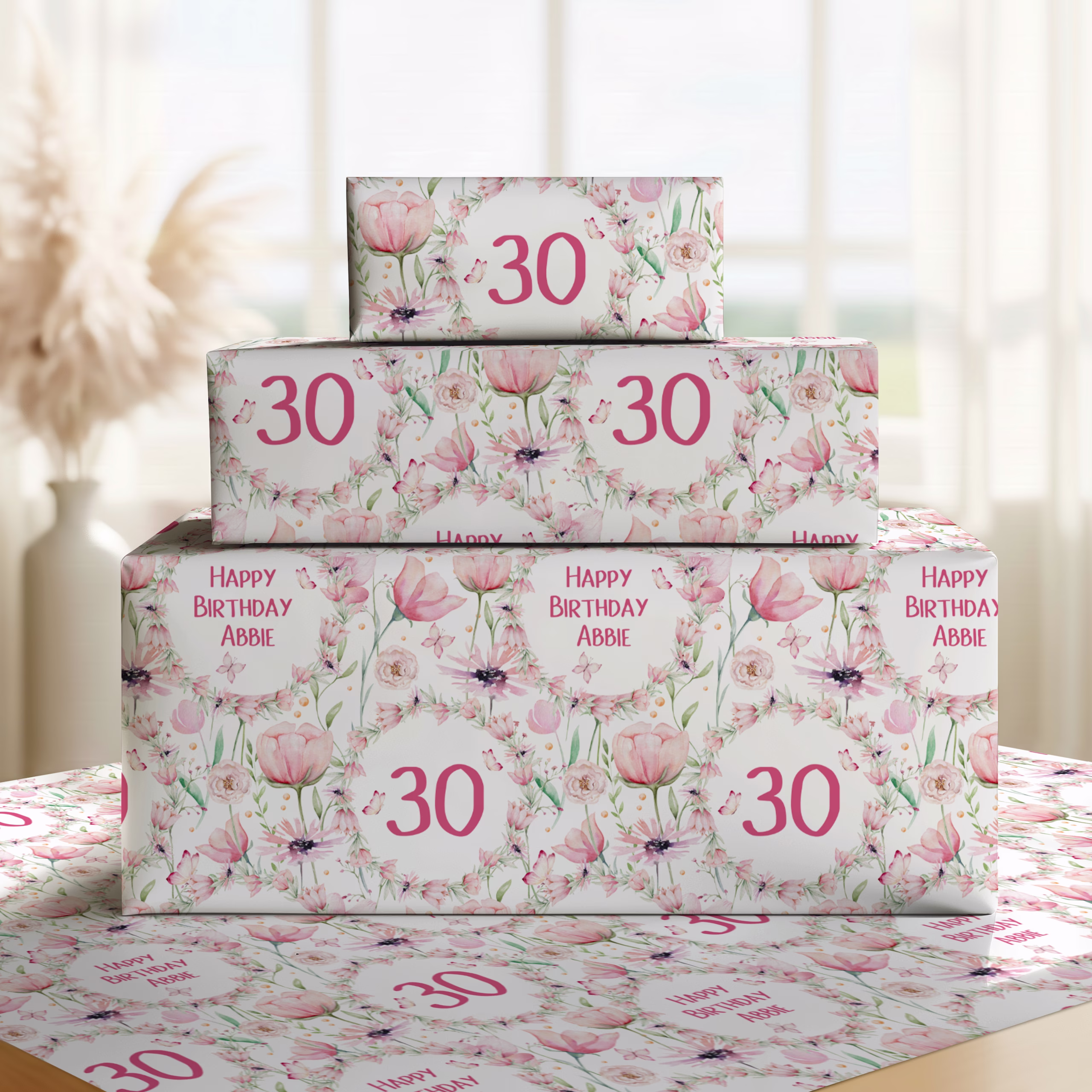 Personalised Pink Rose Birthday Gift Wrapping Paper