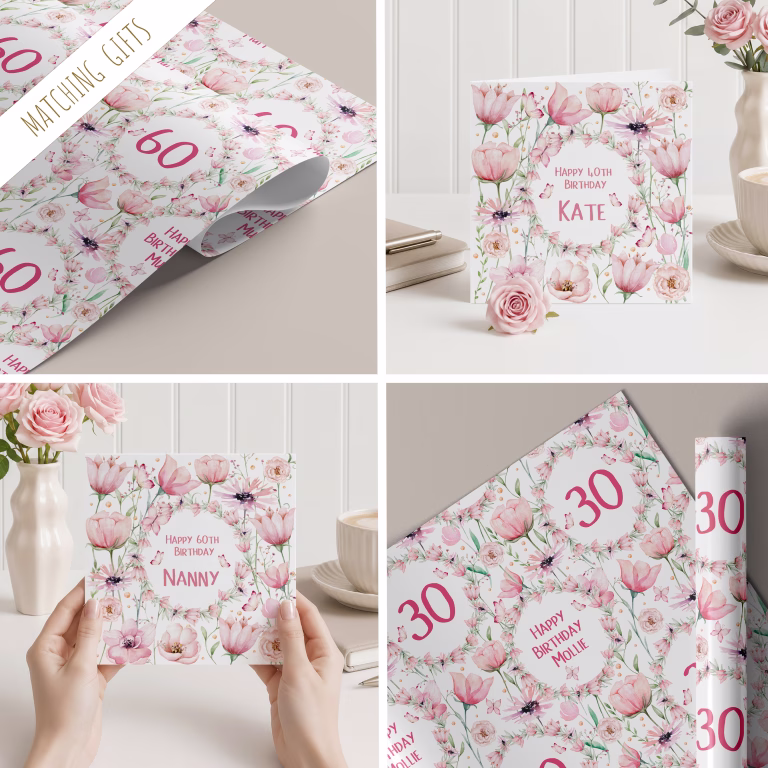 Personalised Pink Floral Birthday Wrapping Paper