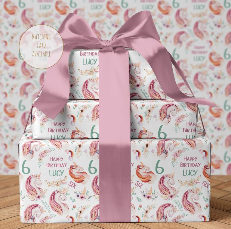Personalised Unicorn Birthday Name Gift Wrapping Paper