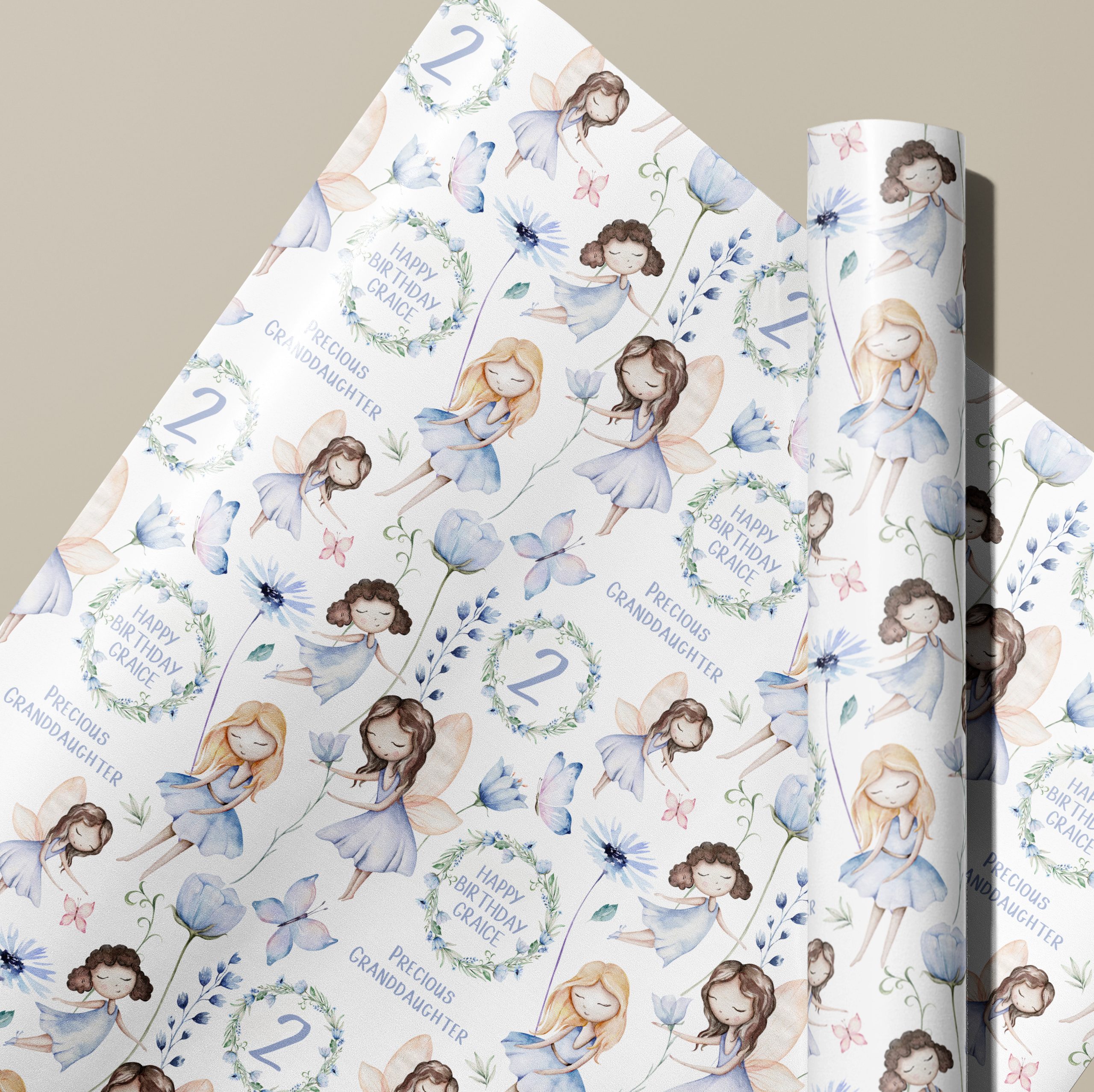 Personalised Blue Flower Fairy Birthday Wrapping Paper