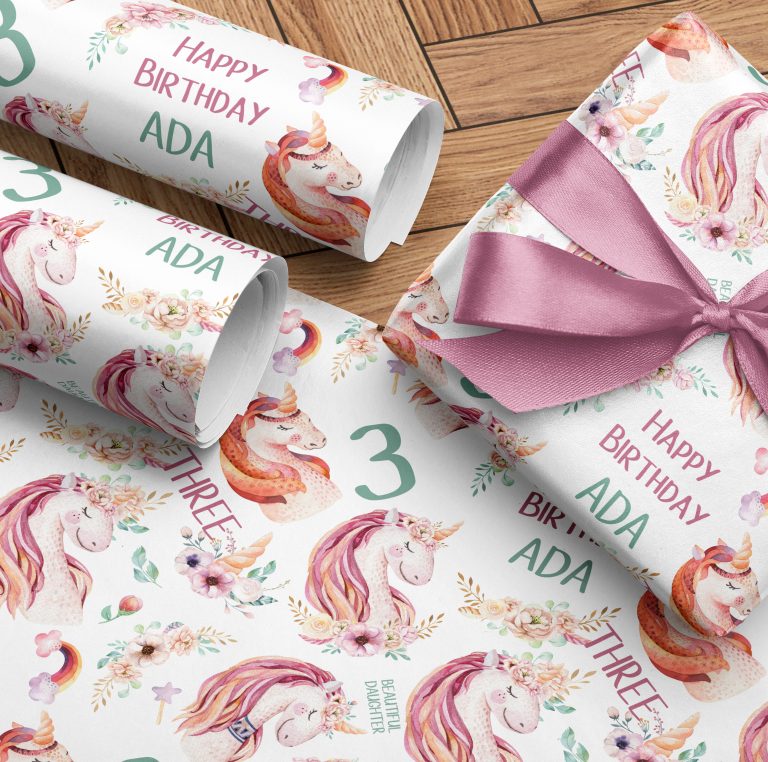 Personalised Unicorn Birthday Name Gift Wrapping Paper