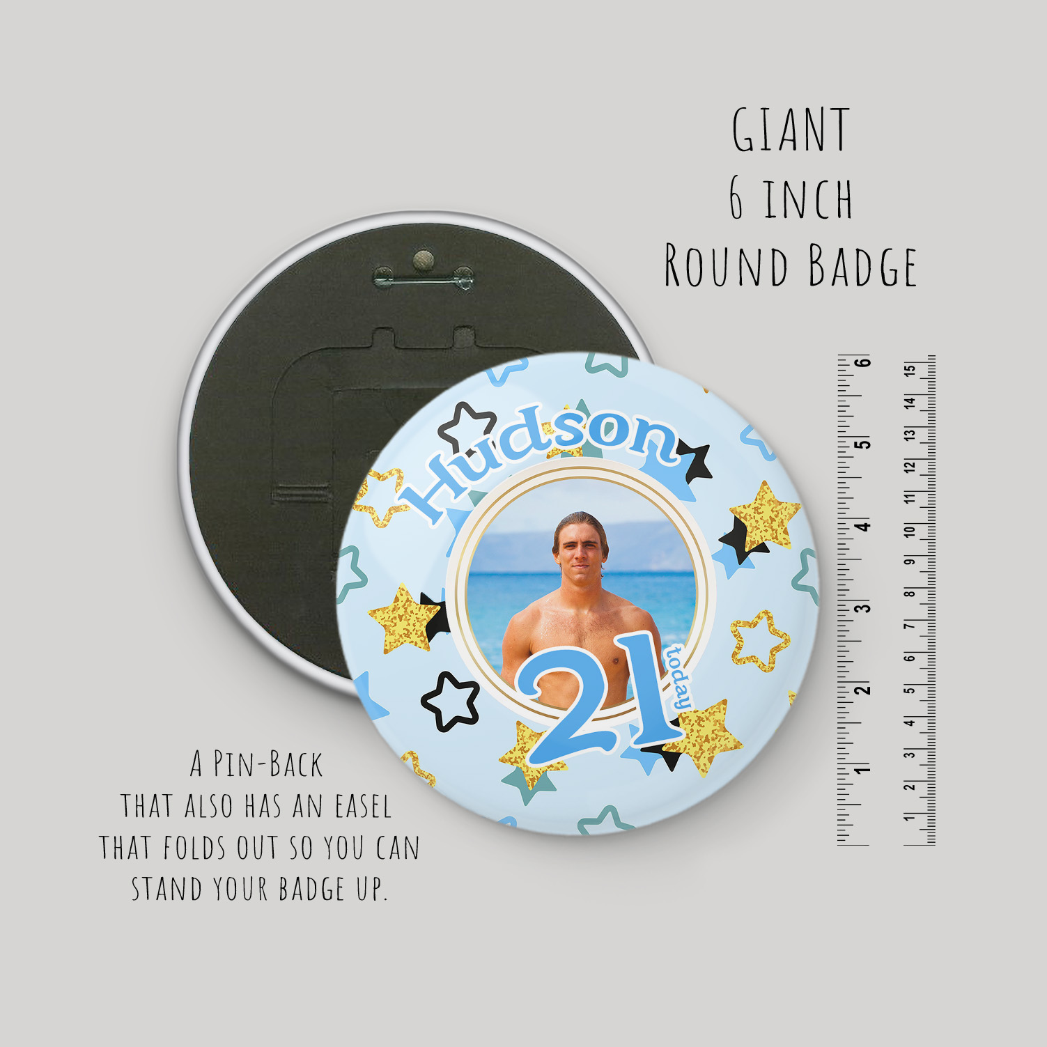 Personalised Giant 6 inch Blue Photo Badge