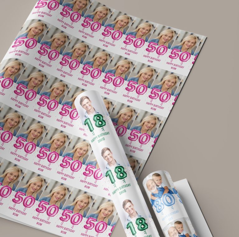 Personalised Birthday Milestone Foil Balloon Photo and Name Gift Wrapping Paper