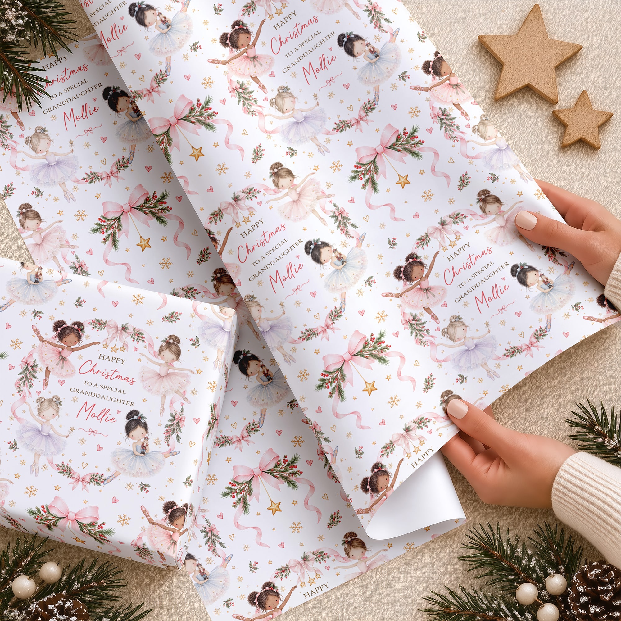 Ballerina Christmas wrapping paper displayed on a wrapped present with matching personalised Christmas card and sack available separately.