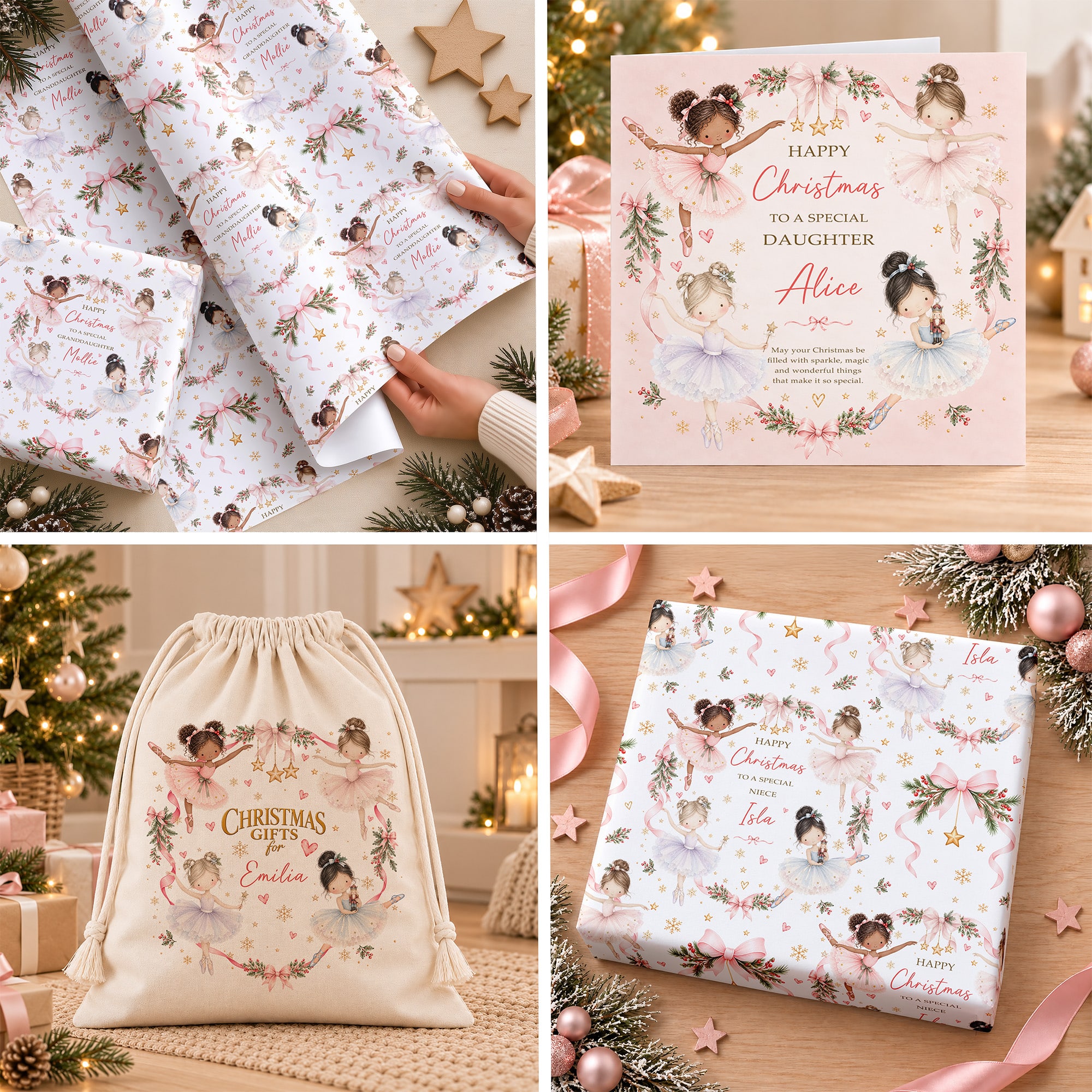 Girls Christmas gift wrap, card and Christmas sack with watercolour ballerinas, pink bows, Christmas greenery, gold snowflakes and personalised festive wording.