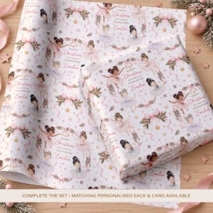 Personalised Christmas ballerina wrapping paper featuring little girls in pink, blue and lilac tutus with festive bows and gold stars.