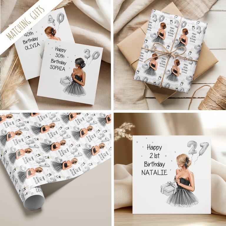 Personalised Birthday Name Gift Wrapping Paper ‘Lady in Black’