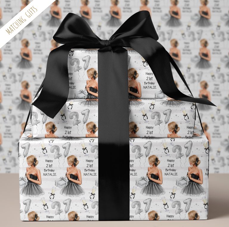 Personalised Birthday Name Gift Wrapping Paper ‘Lady in Black’