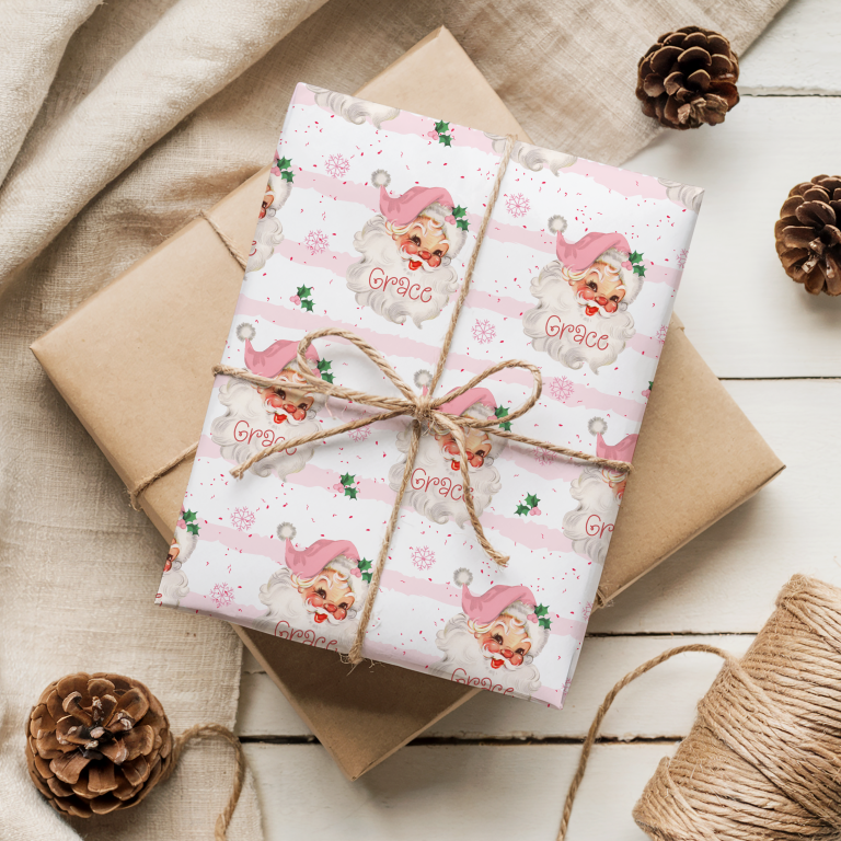 Personalised Christmas Wrapping Paper ‘Pink Vintage Santa’