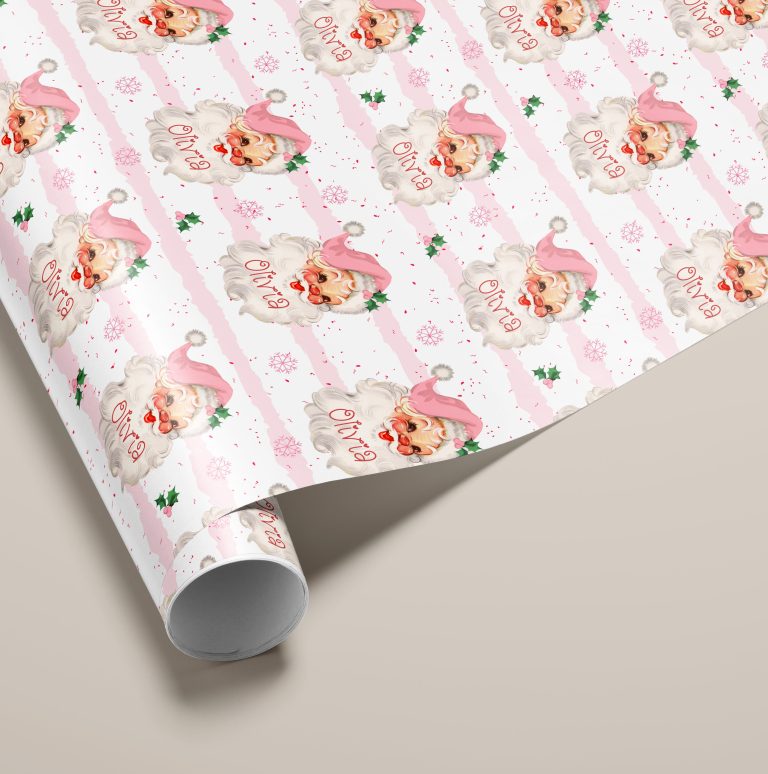Personalised Christmas Wrapping Paper ‘Pink Vintage Santa’