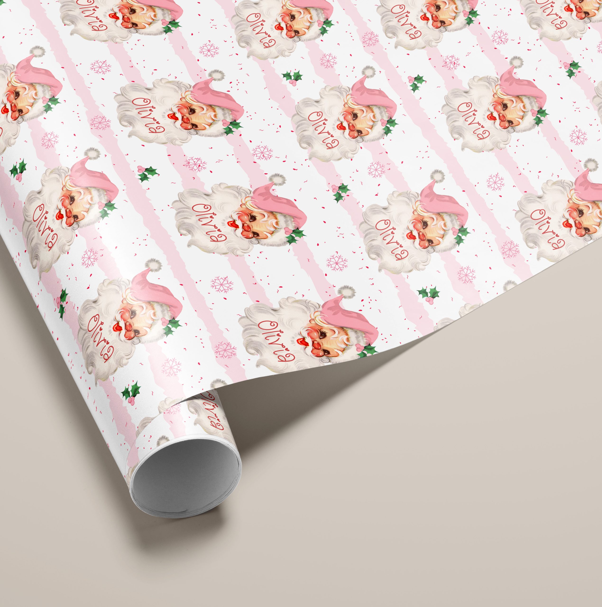 CH277 Vintage Pink Santa Personalised Gift Wrapping Paper 14