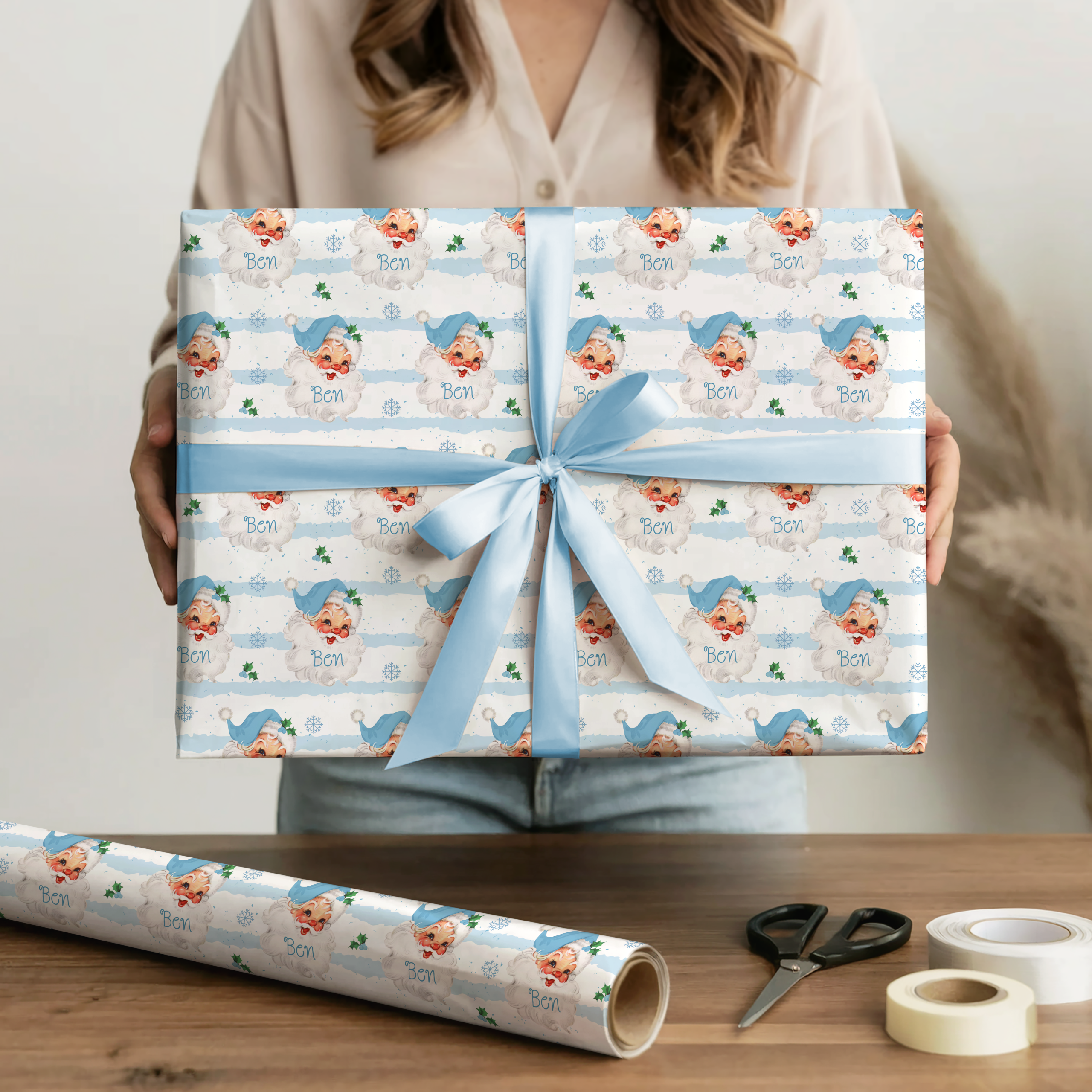 Personalised Blue Santa Christmas Wrapping Paper