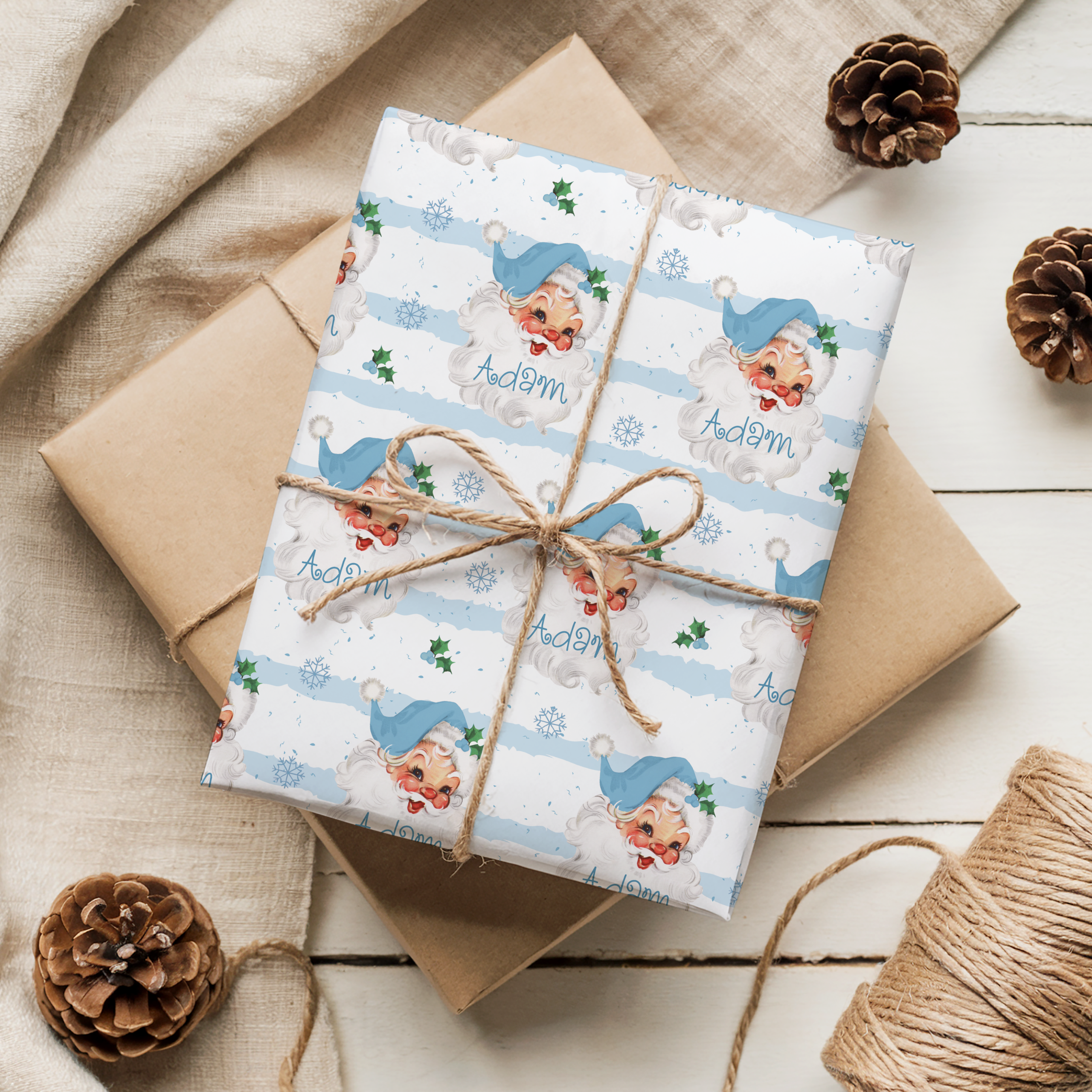 Personalised Blue Santa Christmas Wrapping Paper