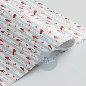 Personalised blue stripe christmas wrapping paper with red festive birds perched on snow covered branches.