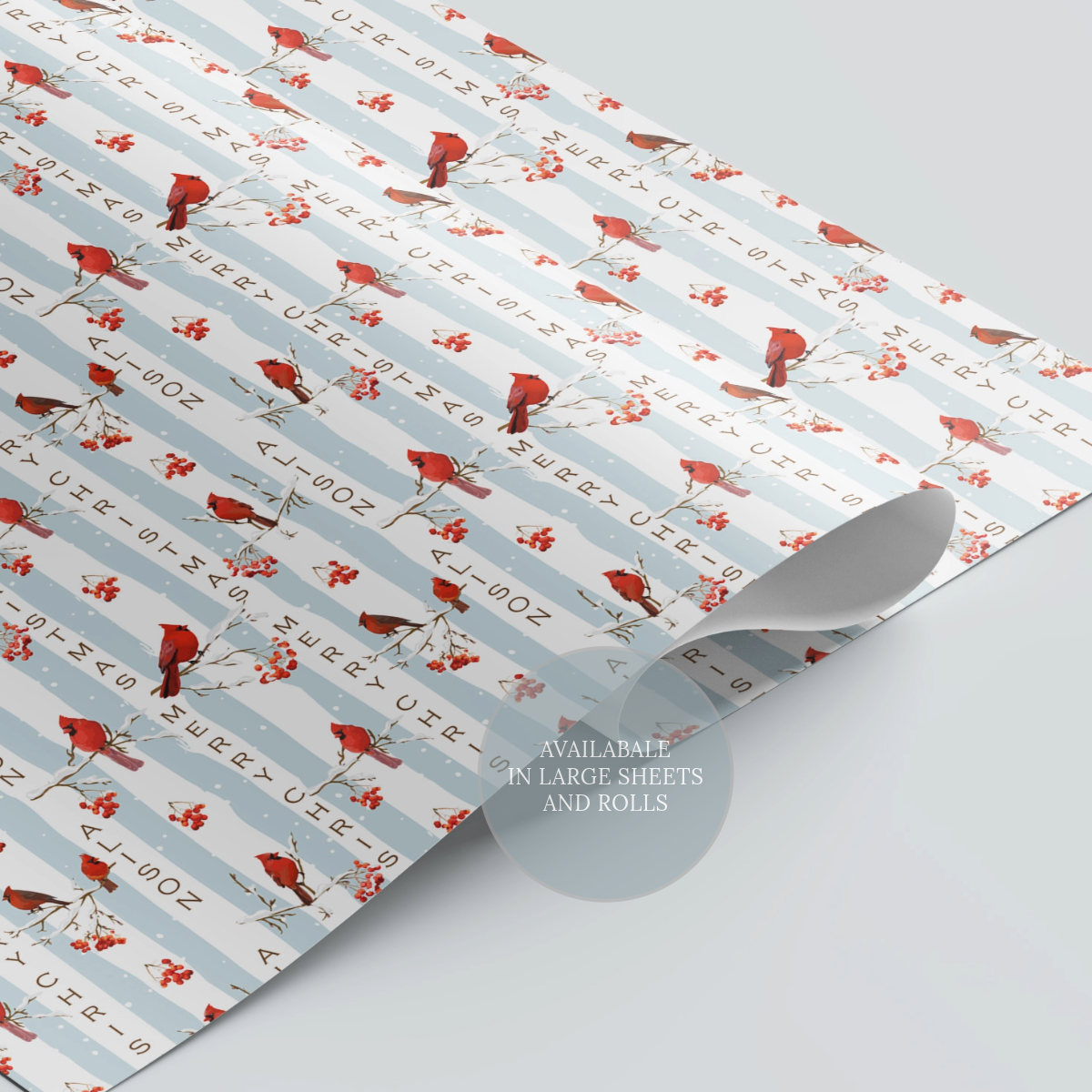 Personalised blue stripe christmas wrapping paper with red festive birds perched on snow covered branches.