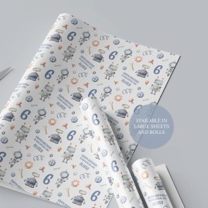 Personalised children's robot gift wrap one sheet and two rolls with bolts screws and a wrench characters on a blue background