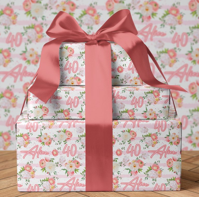 Personalised Peach Floral Birthday Name Gift Wrapping Paper