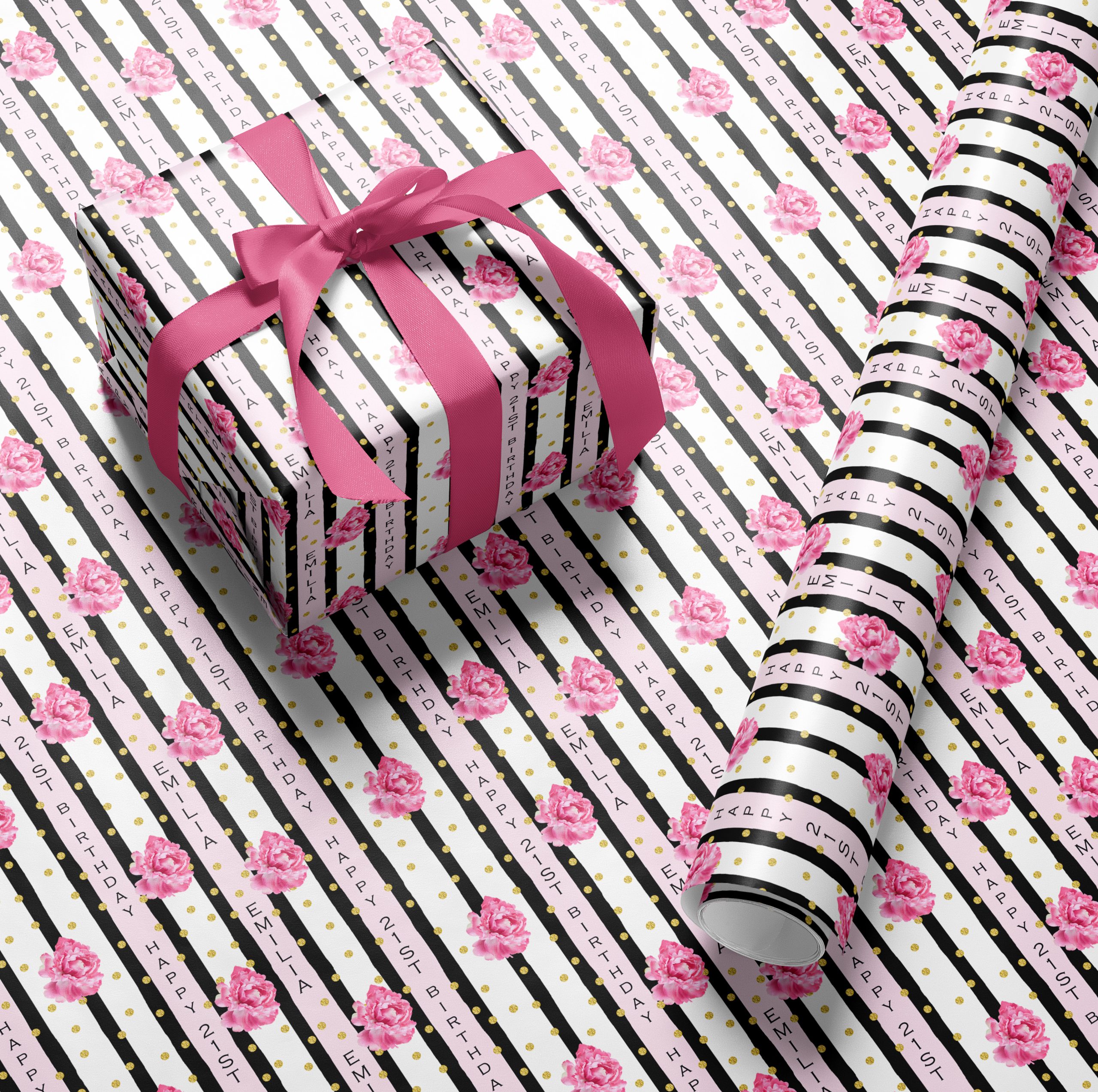 Personalised Birthday Wrapping Paper Pink Floral Stripe 1
