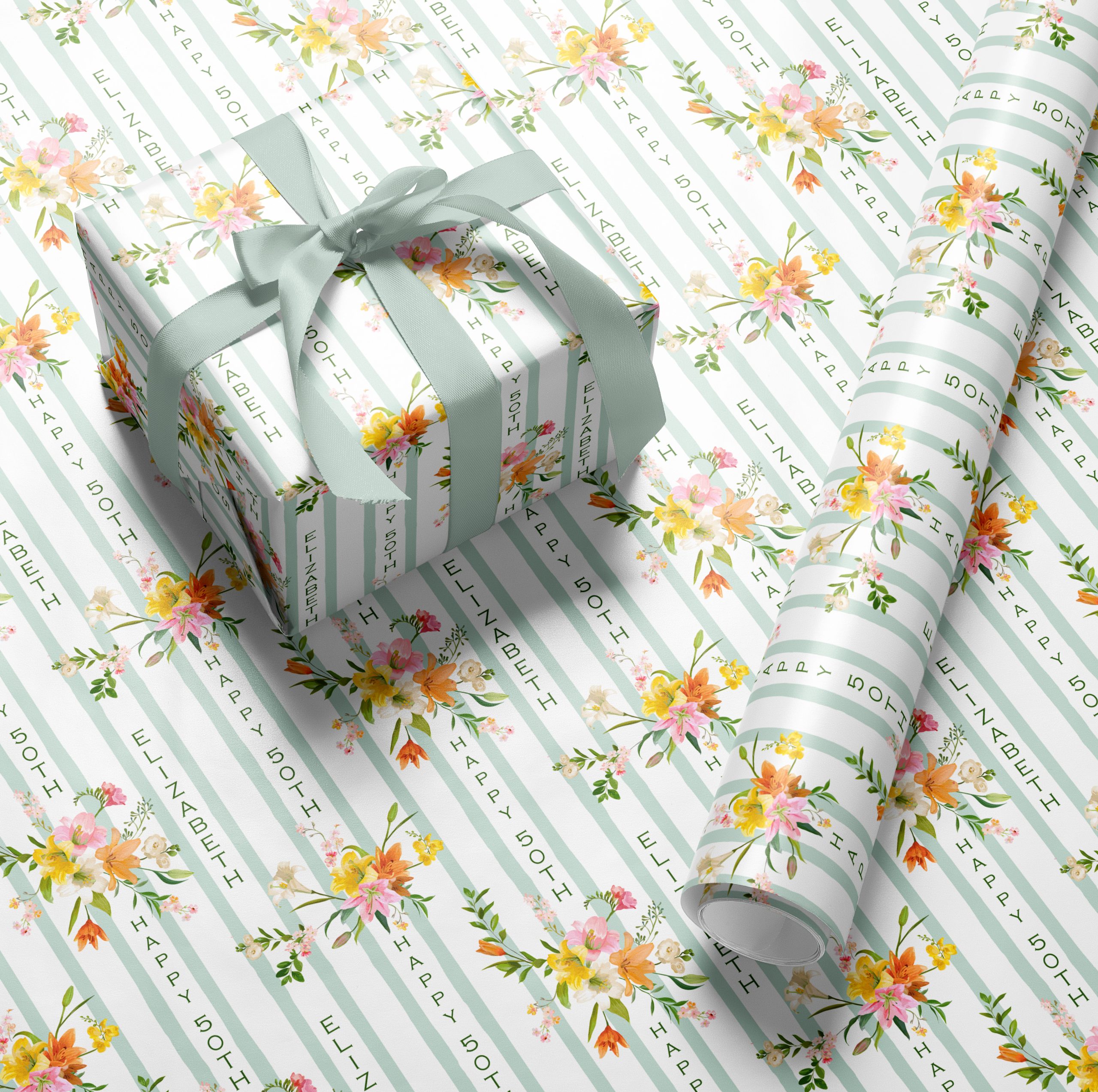 Personalised Christmas Sage Stripe Wrapping Paper 1