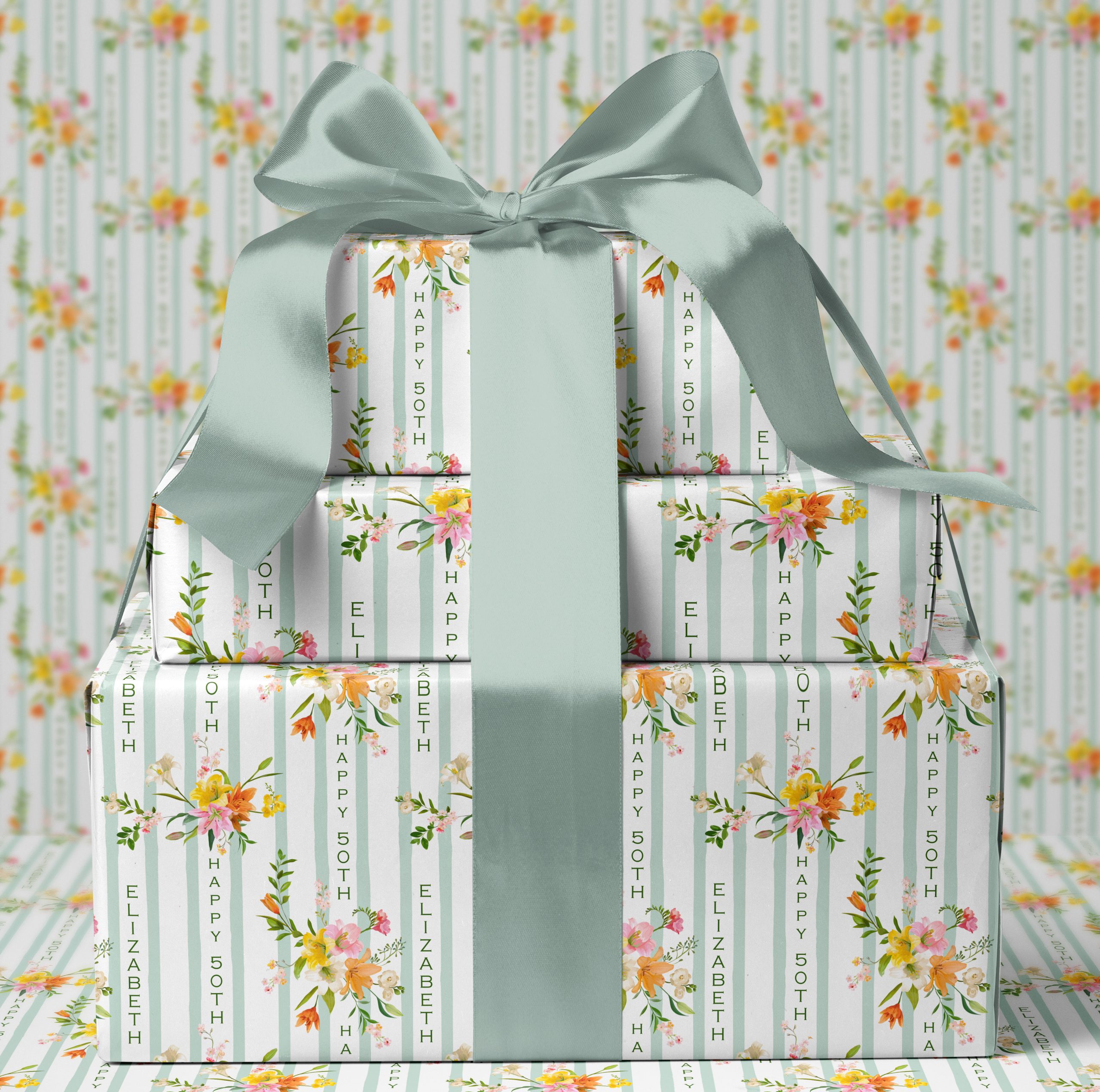 Personalised Christmas Sage Stripe Wrapping Paper