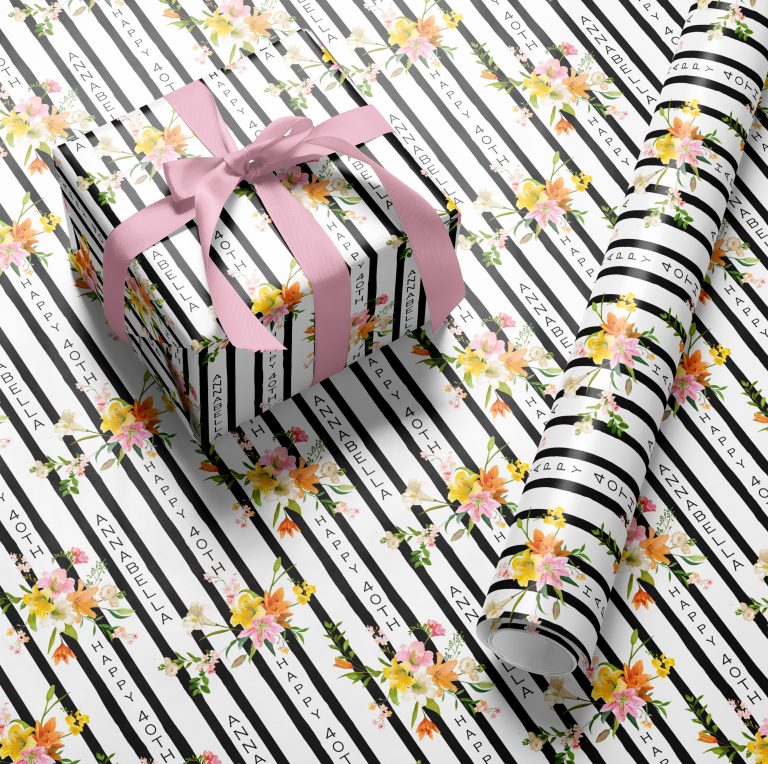 Personalised Peach Floral Birthday Name Gift Wrapping Paper